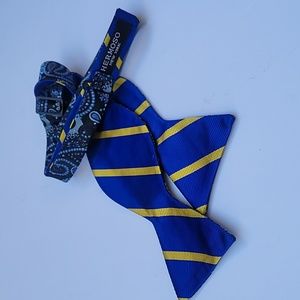 Hermoso blue yellow striped and paisley silk reversible bow tie